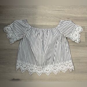 Ambiance White Blouse with Black Stripes and Lace Trim